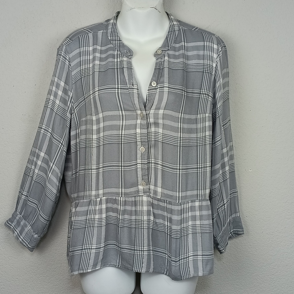 abercrombie & Fitch Women's Gray / White  Plaid Button Down Peplum Hem Top sz S